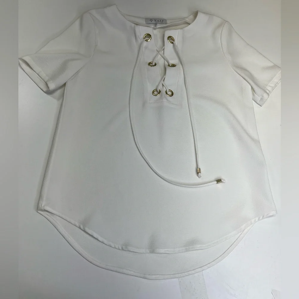 WAYF Ivory Lace Up Short Sleeve Blouse Top Size XS - Picture 8 of 8